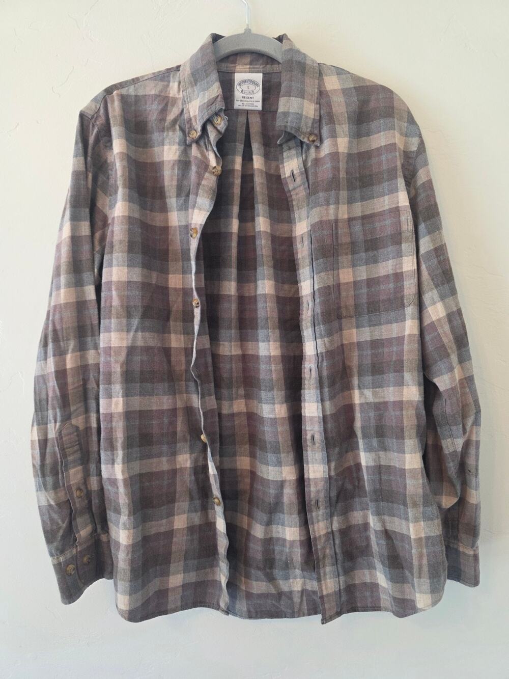 Brooks Brothers Regent Men’s Small Plaid Flannel Shirt Brown Gray Cotton S